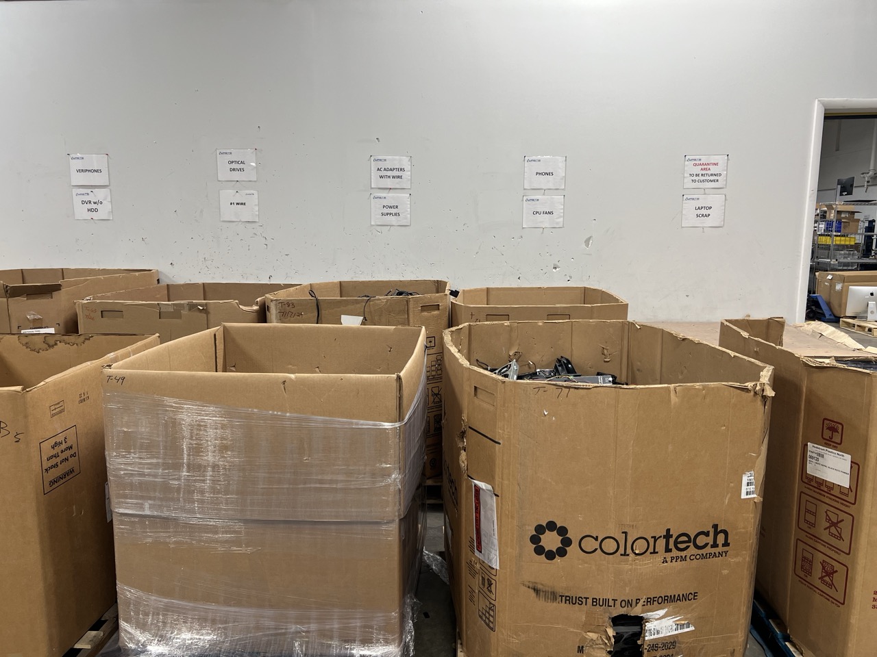 Boxes of old electronics, sorted by device
