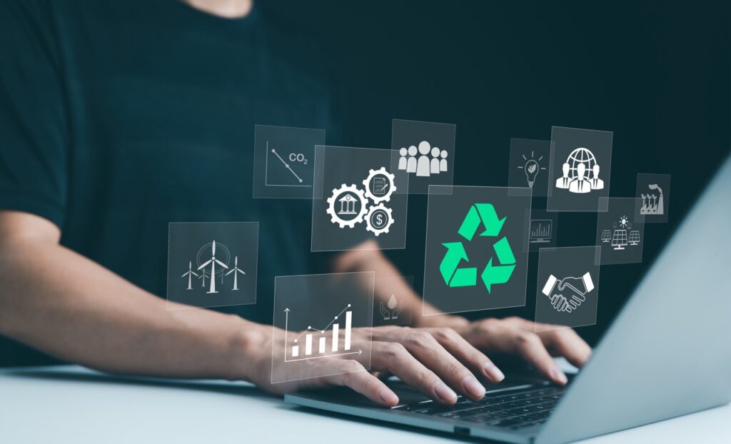 Man typing on laptop with icons for networking, sustainability, planning, and more